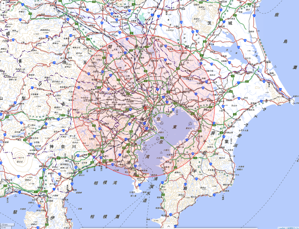 東京駅から半径50kmの範囲の地図